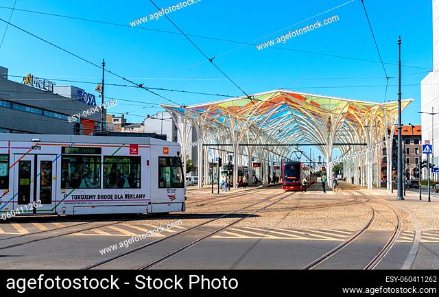 Lodz, Poland - September 9, 2021: trams arrive at the modern main tram station in downtown Lodz