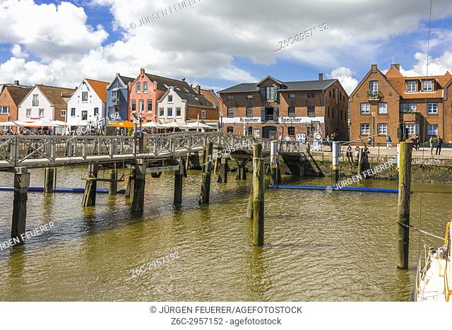movable bridge at the inner harbour of the coastal town Husum at the North Sea, Germany