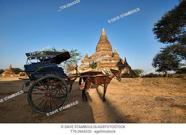 Horse cart in front of a temple, Bagan, Myanmar