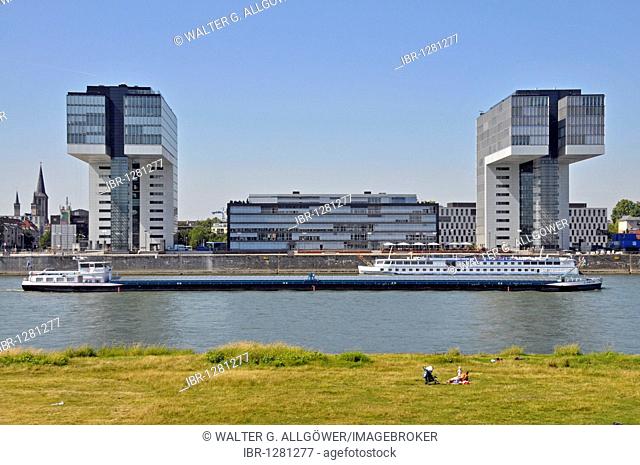 Kranhaus Sued and Kranhaus 1 buildings at the Rheinauhafen harbour, Cologne, North Rhine-Westphalia, Germany, Europe