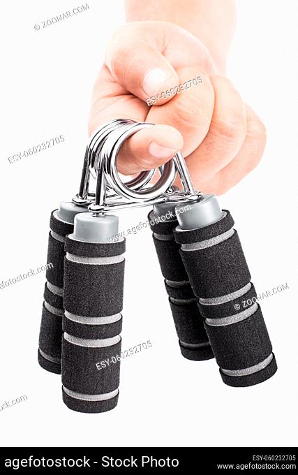 Close-up shot of male hand handing out hand grips, isolated on white background