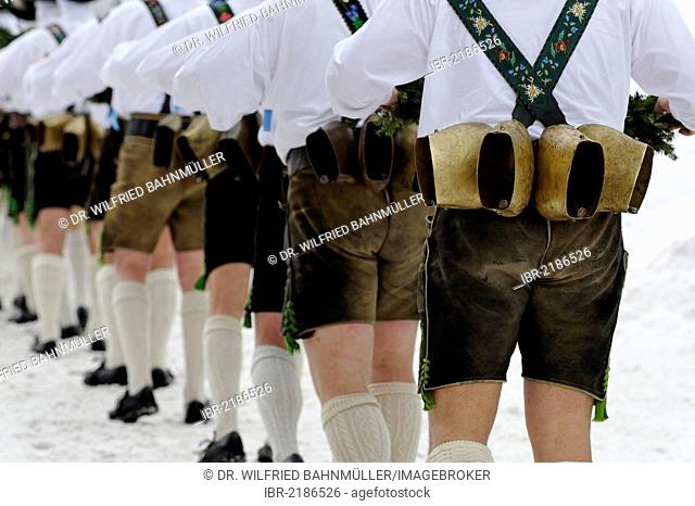 Men with bells, traditional carnival costumes, carnival parade, Maschkera, Mittenwald, Werdenfelser Land, Upper Bavaria, Germany, Europe