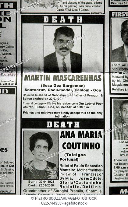 Goa India, obituary announcements on the local newspaper Herald