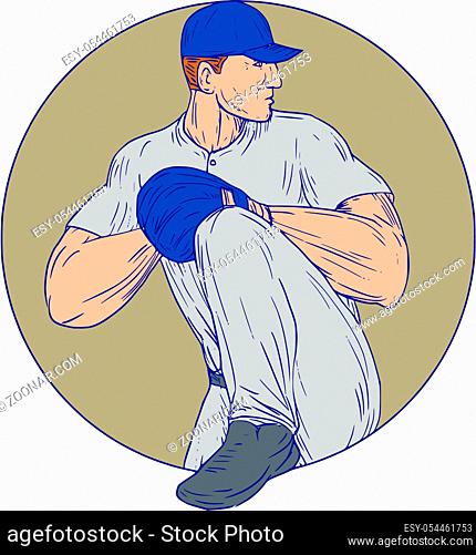 Drawing sketch style illustration of an american baseball player pitcher outfilelder about to throw a ball viewed from the side set inside circle on isolated...