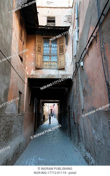 Buildings along a narrow street, Medina, Marrakesh, Morocco