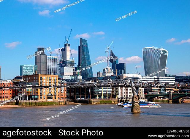 LONDON, UK - MARCH 21 : View down the Thames to the City of London on March 21, 2018