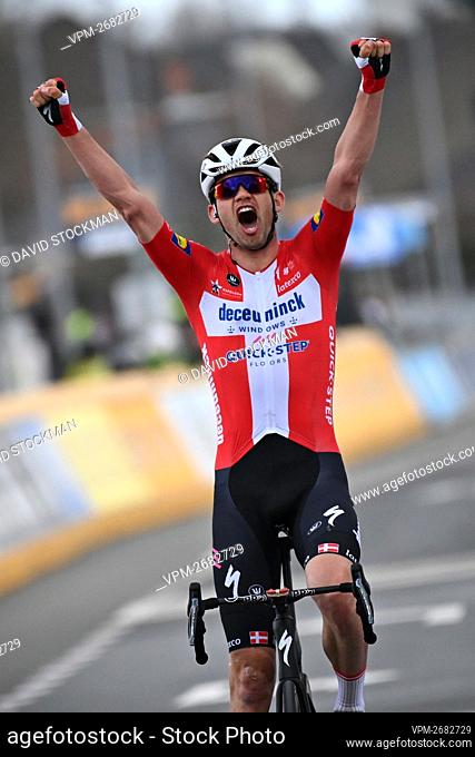 Danish Kasper Asgreen of Deceuninck - Quick-Step celebrates as he crosses the finish line to win the 'E3 Saxo Bank Classic' cycling race, 203