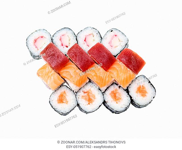 Different kinds of sushi roll isolated on white background. Japanese cuisiune