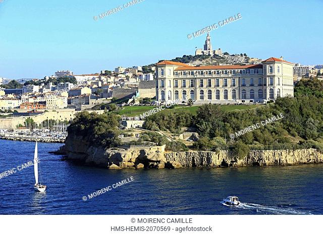 France, Bouches du Rhone, Marseille, Pharo district, entrance Vieux Port, palais du Pharo, basilica Notre Dame de la Garde background