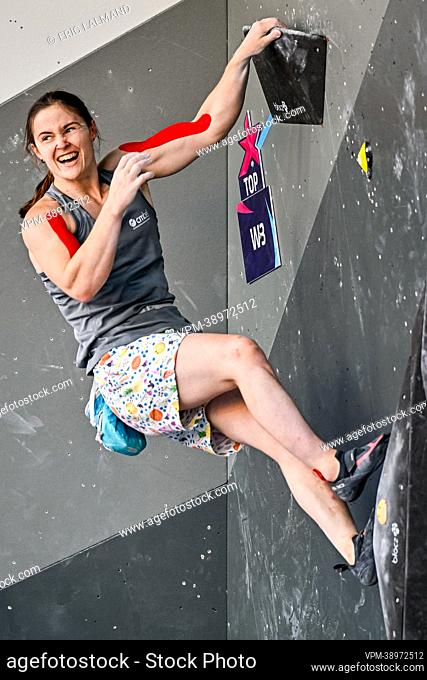 Belgian Chloe Caulier celebrates during the final of the women's sport climbing boulder event, at the European Championships Munich 2022, in Munich, Germany