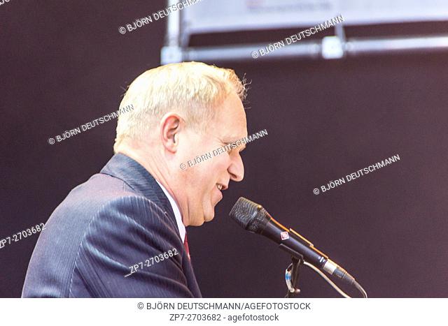 Kiel, Germany - June 18nd 2016: The musician and actor Ulrich Tukur performs with his band ""Die Rhythmus Boys"" on the Rathaus Stage during the Kieler Woche...