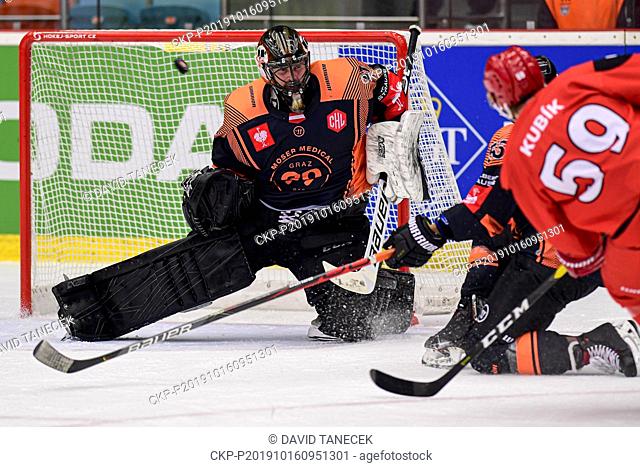 Cristopher Nihlstorp of Graz, left, and Adam Kubik of Hradec Kralove in action during the Ice Hockey Champions League group H game Mountfield Hradec Kralove vs...
