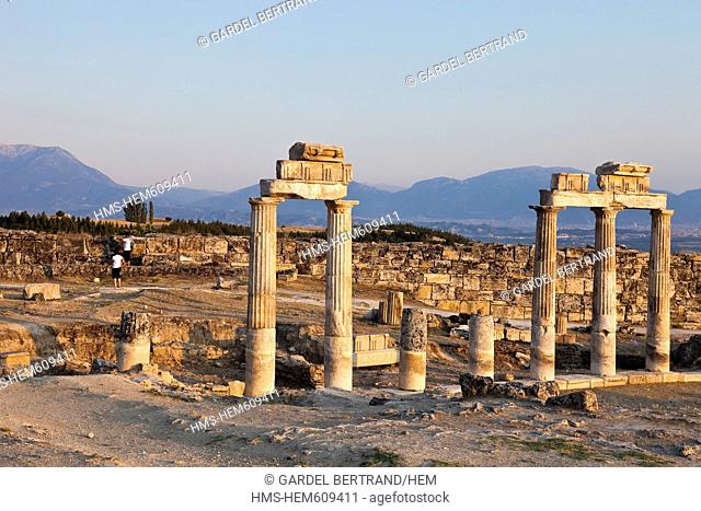 Turkey, Aegean region, at the top of the hill of Pamukkale, the ancient Roman city of Hierapolis