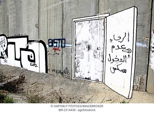 Wall with graffiti, Palestinian side, between Bethlehem, West Bank and Jerusalem, Israel, Middle East