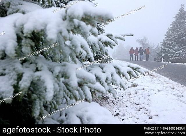 11 November 2023, Saxony-Anhalt, Schierke: Hikers walk along snow-covered trees on the Brockenstraße. On Saturday night, the onset of winter brought snow to the...