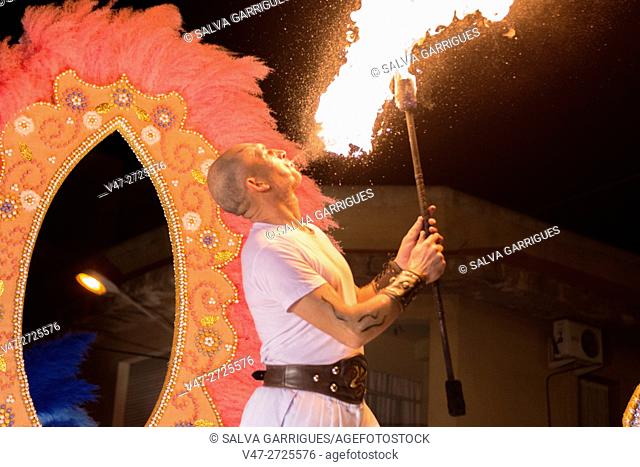Man spitting fire at the festival Carcaixent, Valencia, Spain, Europe