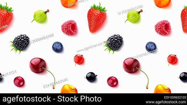 Seamless pattern of different berries isolated on white background, flat lay, top view
