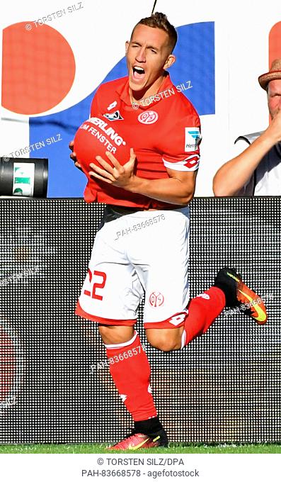 Mainz' Pablo de Blasis celebrating his 1:0 during the Bundesliga soccer match between 1. FSV Mainz 05 and TSG 1899 Hoffenheim at Opel Arena in Mainz, Germany