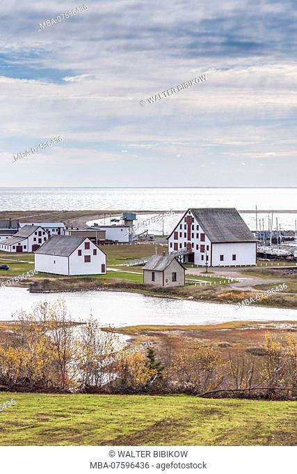 Canada, Quebec, Gaspe Peninsula, Paspebiac, Site Historique Banc-de-Peche de Paspebiac, fisheries museum, elevated view