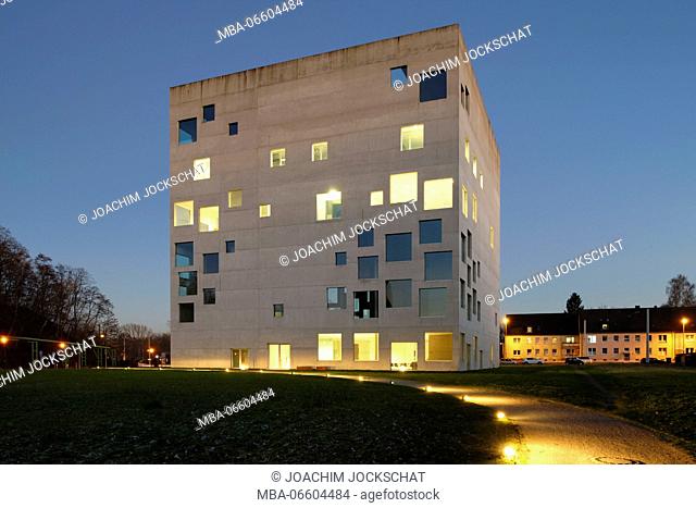Folkwang Universität der Künste, SANAA-building in the evening light, Zollverein Coal Mine Industrial Complex, Essen, North Rhine-Westphalia, Germany