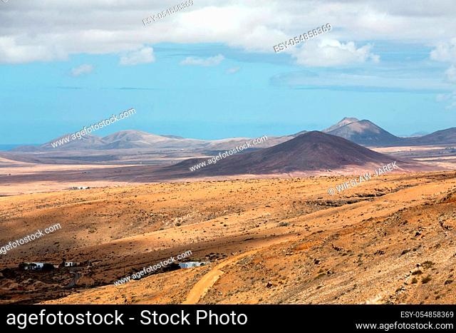 Landscape of fields and mountains near Antigua village, Fuerteventura, Canary Islands, Spain