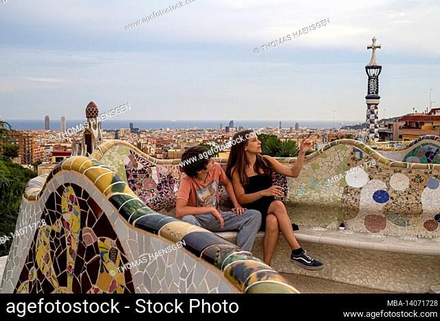 antoni gaudi's artistic park guell in barcelona, spain. this modernistic park was built between 1900 and 1914 and is a popular tourist attraction
