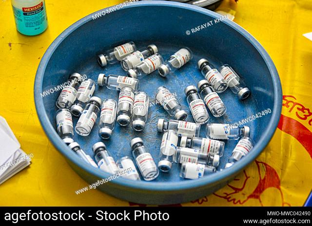 Sylhet, Bangladesh. 28th September 2021. Empty vials of the Sinopharm COVID-19 Vaccine at a vaccination center in Chiknagul