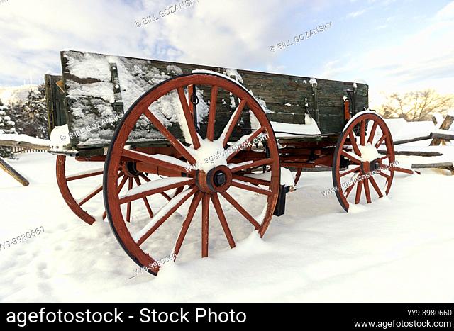 Snow-covered Wagon in Golden History Park, Golden, Colorado, USA