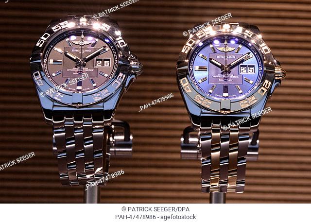 A set of wrist watches of watch manufacturer Breitling are on display at the International watch and jewellery fair Baselworld 2014 in Basel,  Switzerland