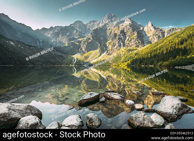 Tatra National Park, Poland. Famous Mountains Lake Morskie Oko Or Sea Eye Lake In Summer Morning. Five Lakes Valley. Beautiful Scenic View