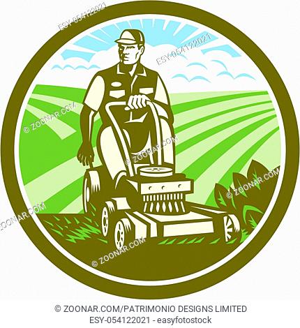 Illustration of a gardener riding on a vintage ride-on lawn mower set inside circle with field farm clouds sunburst in the background done in retro style