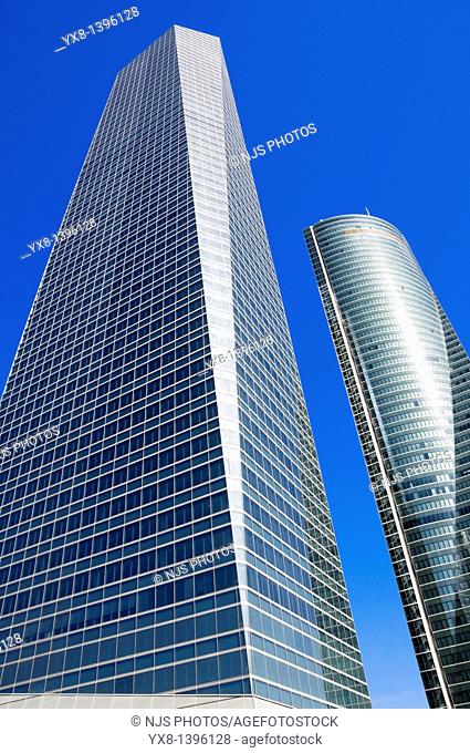 View from below of Crystal Tower and Espacio Tower located in Cuatro Torres Business Area of Madrid, Comunidad de Madrid, Spain, Europe