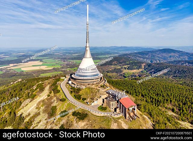 Jested mountain hotel and television tower by famous Czechoslovak architect Karel Hubacek pictured from airplane in Czech Republic, May 11, 2021