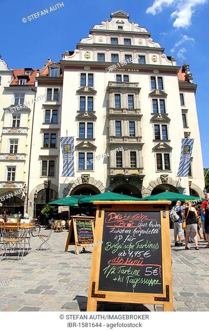 Orlando-Haus building on the Platzl, square with restaurant and menu on blackboard, downtown, old town, Munich, capital, Upper Bavaria, Bavaria, Germany, Europe