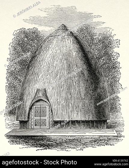 Residence of the chief of Kifouma, Central Africa. Old 19th century engraved illustration from Journey from Zanzibar to Benguela by Verney Lovett Cameron