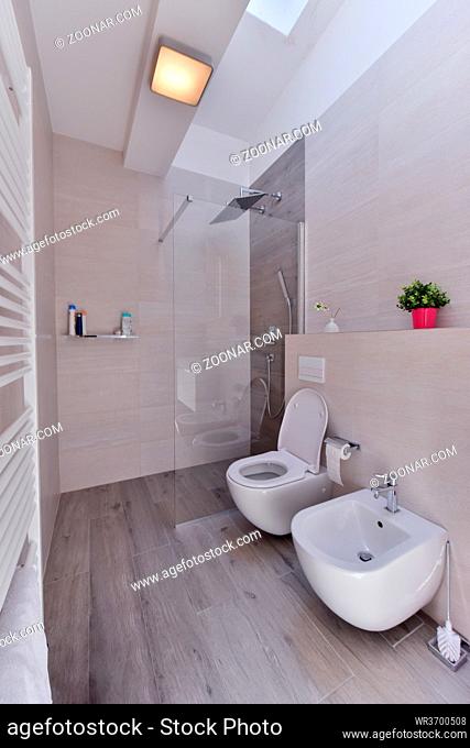 luxury stylish bathroom interior with toilet, bidet sink and spacious glass shower cabin fancy shower on the wall