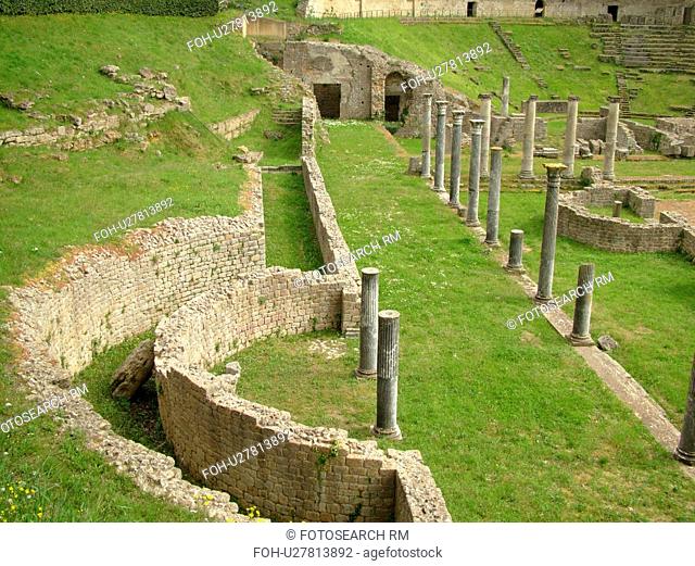 Italy, Volterra, Toscana, Tuscany, Europe, The ancient ruins of Teatro Romano (Roman Theater) in the medieval town of Volterra