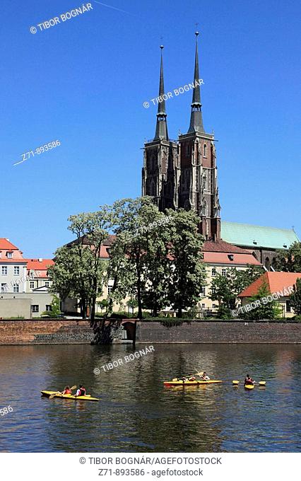 Poland, Wroclaw, Cathedral, Odra River, boats