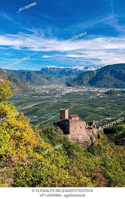 Appiano, South Tyrol, Italy. The Castle Hocheppan with the city of Bolzano/Bozen in the background