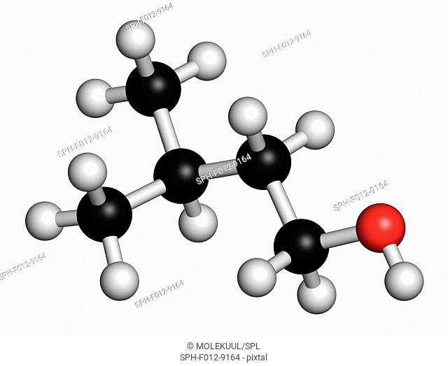 Isoamyl alcohol molecule. Atoms are represented as spheres and are colour coded: hydrogen (white), carbon (black), oxygen (red). Illustration
