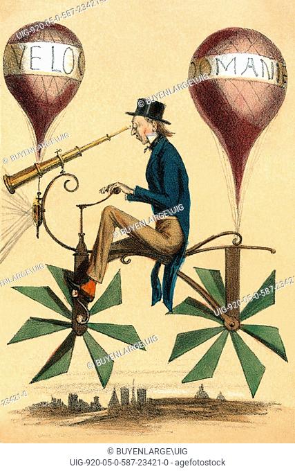 French cartoon shows a man riding on a bicycle-like flying machine while looking through a telescope attached to the front
