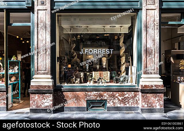 Brussels Old Town, Brussels Capital Region - Belgium - 09 14 2019 Facade of a typical luxurious Retail shop in the Galeries Royale Saint-Hubert