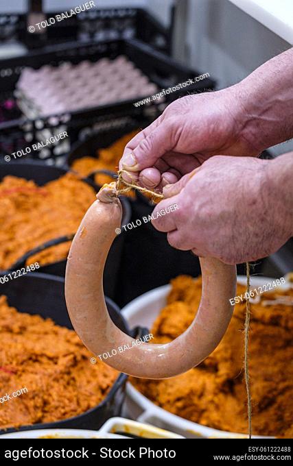 filling sobrasada, artisan sausages Cas Sereno, Inca, Mallorca, Balearic Islands, Spain