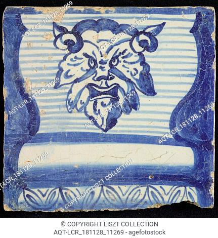 Tile of chimney pilaster, blue on white, part of striped column with base on which horned lion's head, floral border, chimney pilaster tile pilaster footage...