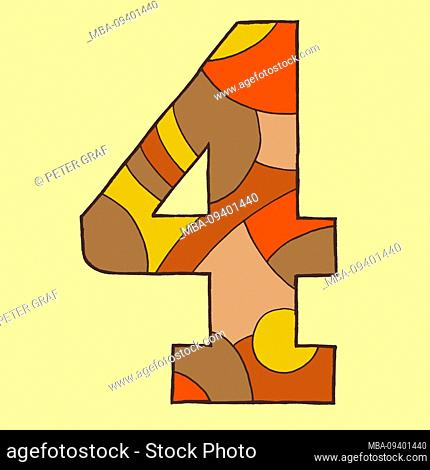 Number four, drawn as a vector illustration, in brownish hues on a light yellow background in pop art style