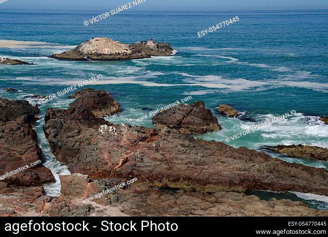 Rocky cliff and islet in the coast. Las Cuevas. Arica. Arica y Parinacota Region. Chile