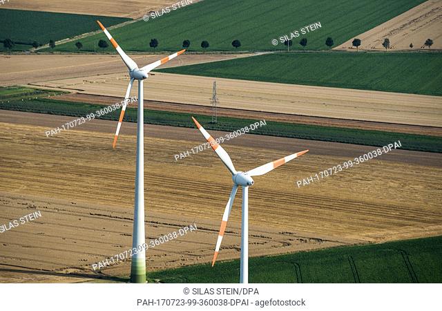 Wind turbines standing between the districts of Lengende and Sohlde, Germany, 19 July 2017 (aerial shot taken with an ultra-light aircraft)