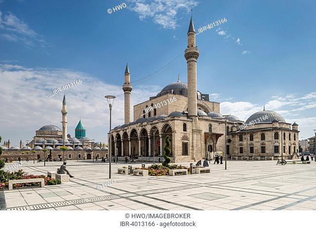 Selimiye Mosque, Mevlana Monastery and Mausoleum at the back, landmark of the city and pilgrimage site of Sufism, Aziziye Mh., Konya, Turkey