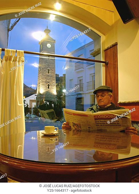 Restaurant La Bodega and the Clock Tower, Almedinilla, Cordoba-province, Spain