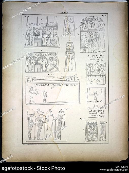1.a, b, c, d. The four sides of a small grave or death box. . ; 2. [A casket to Latopois]; 3.a, b, c. This casket found at Thebes [Thebes] contains the mummy of...